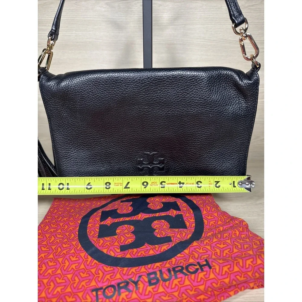 Tory‎ Burch Thea Black Leather Fold Over Purse Crossbody Bag Tassels Adjustable